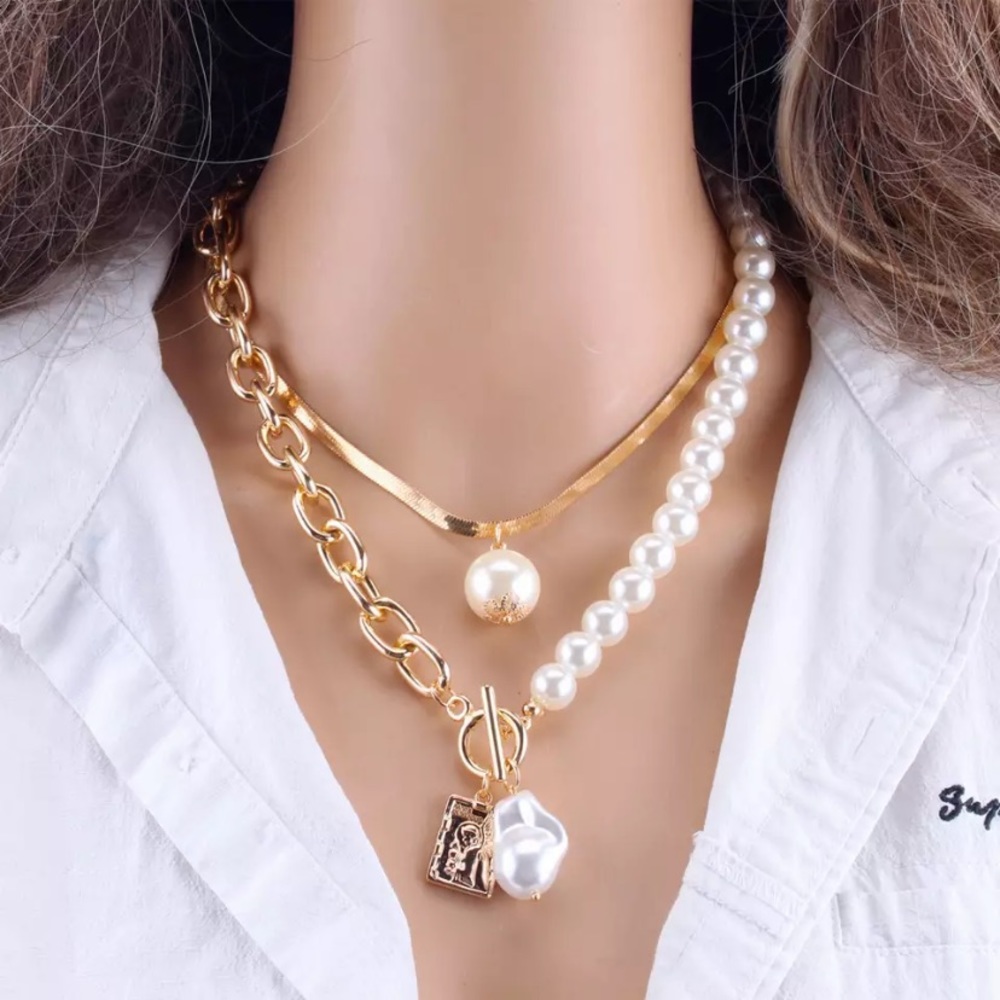 Fashion 2layer Pearl Geometric Pendant Necklace